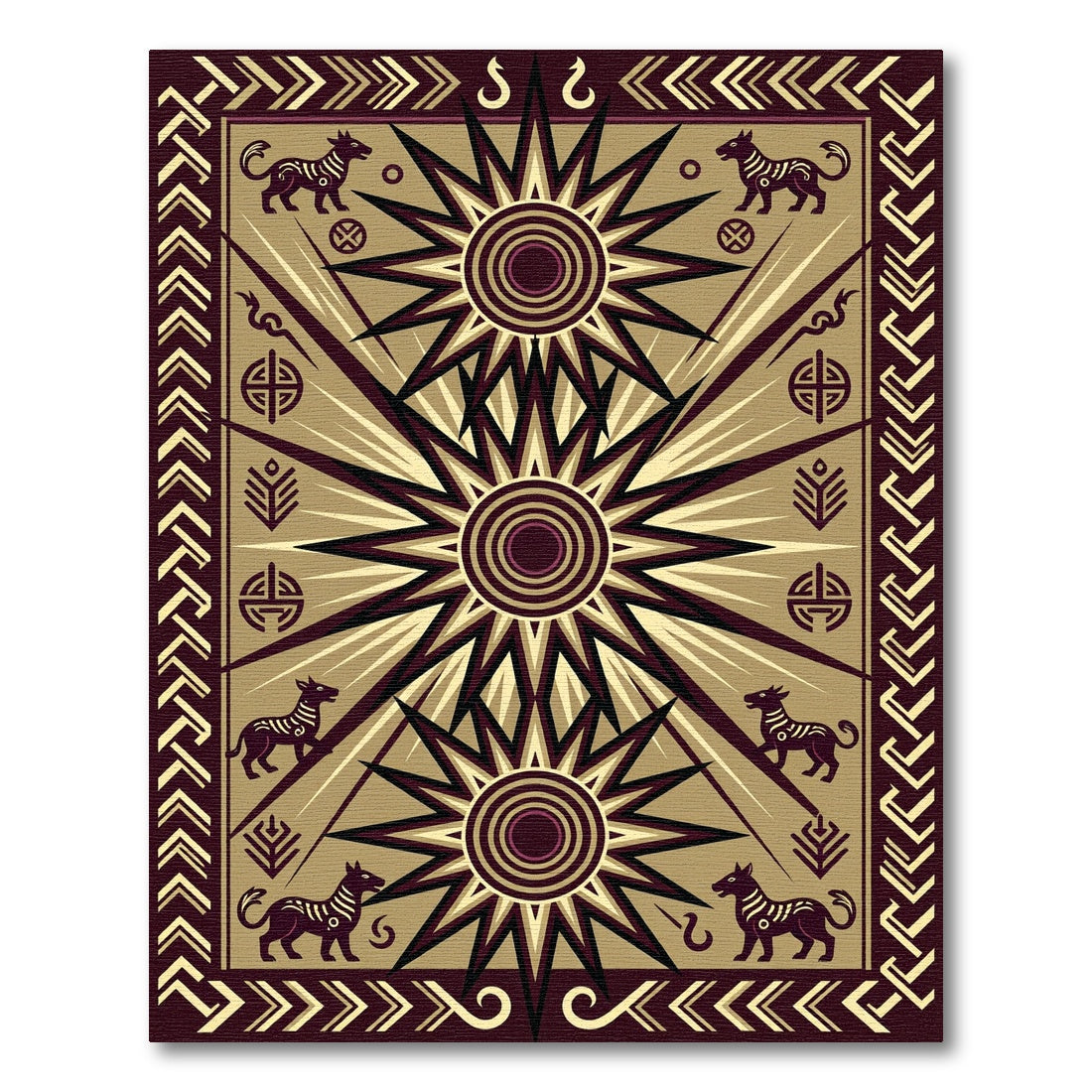 Ancient Black Starburst Dog Motif Rug