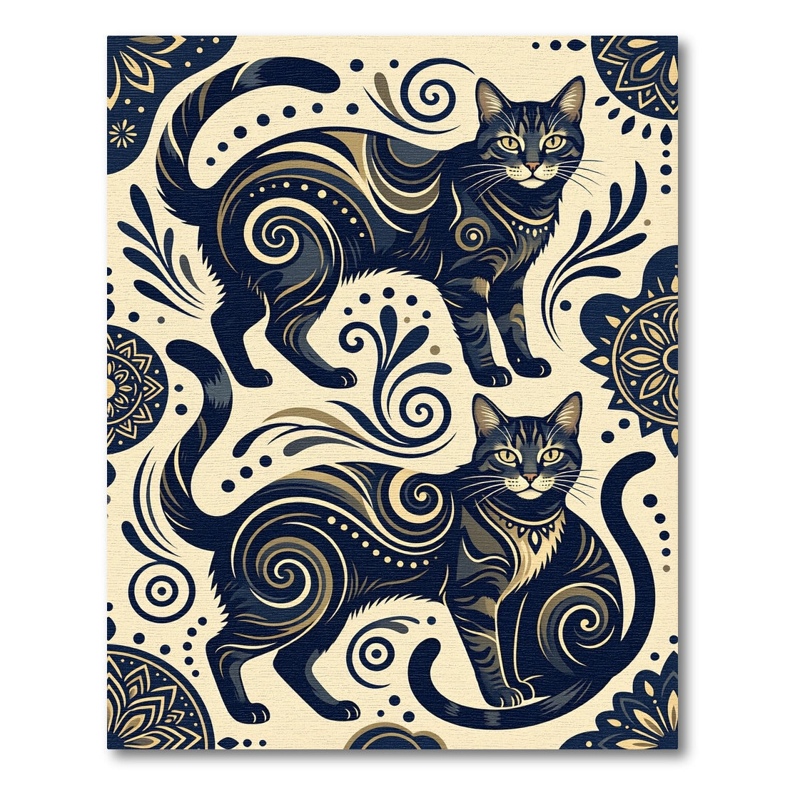 Elegant Midnight Feline Scroll Art Rug