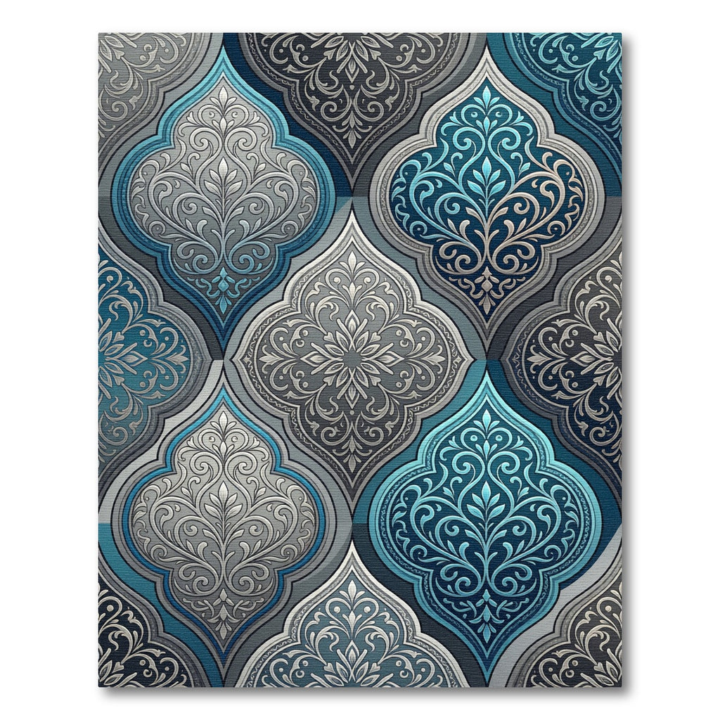 Elegant Blue and Silver Damask Ornate Rug