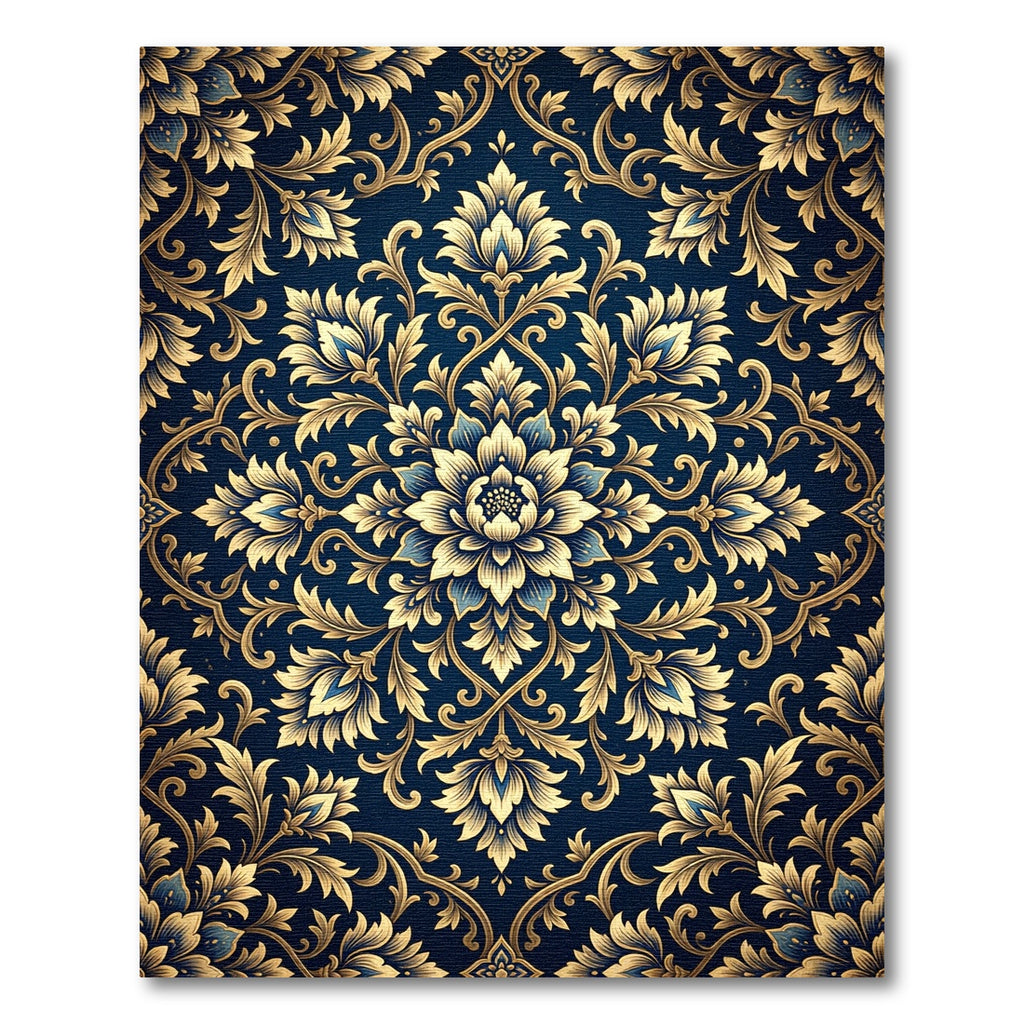 Golden Floral Medallion Navy Foliage Rug