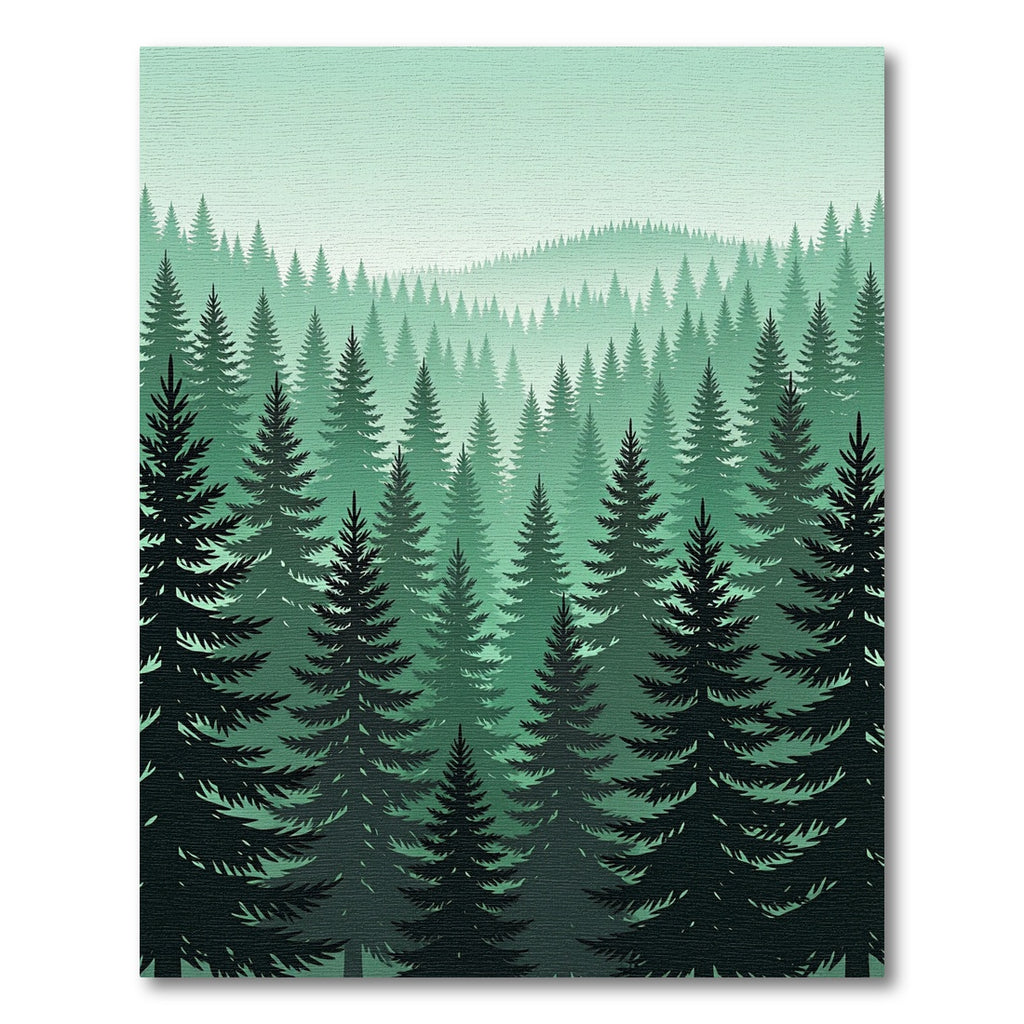 Misty Evergreen Forest Conifer Landscape Rug
