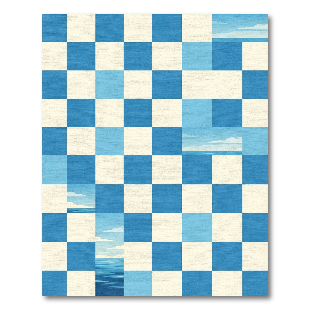 Blue And Cream Checkerboard Seascape Rug