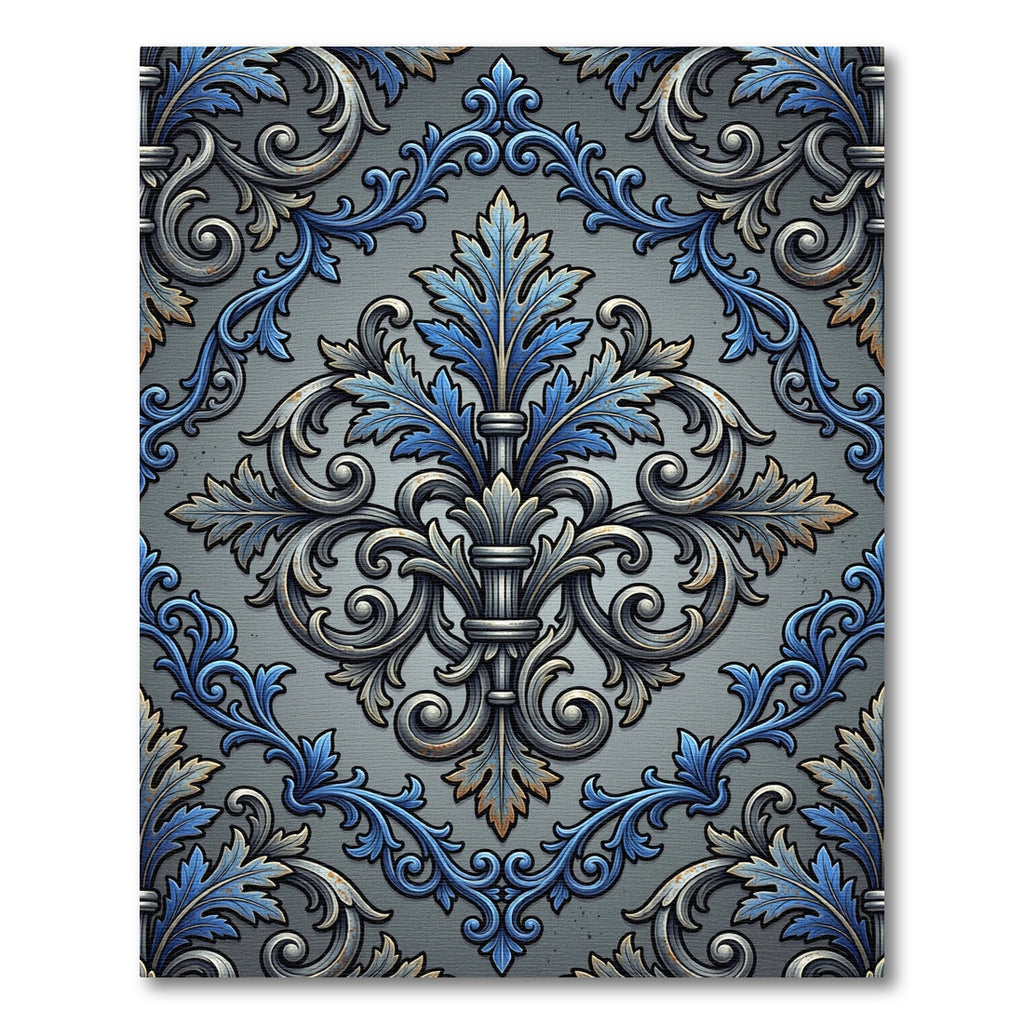 Ornate Blue Gray Damask Fleur Scroll Rug