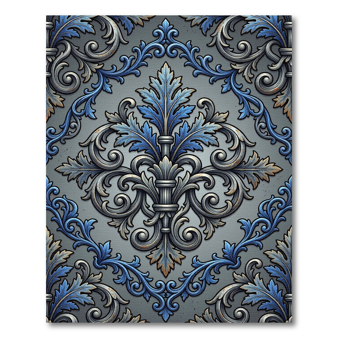 Ornate Blue Gray Damask Fleur Scroll Rug