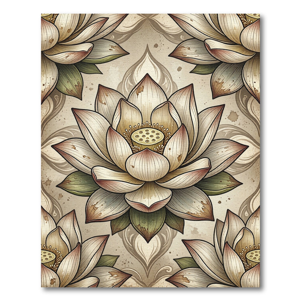 Vintage Neutral Lotus Floral Illustration Rug