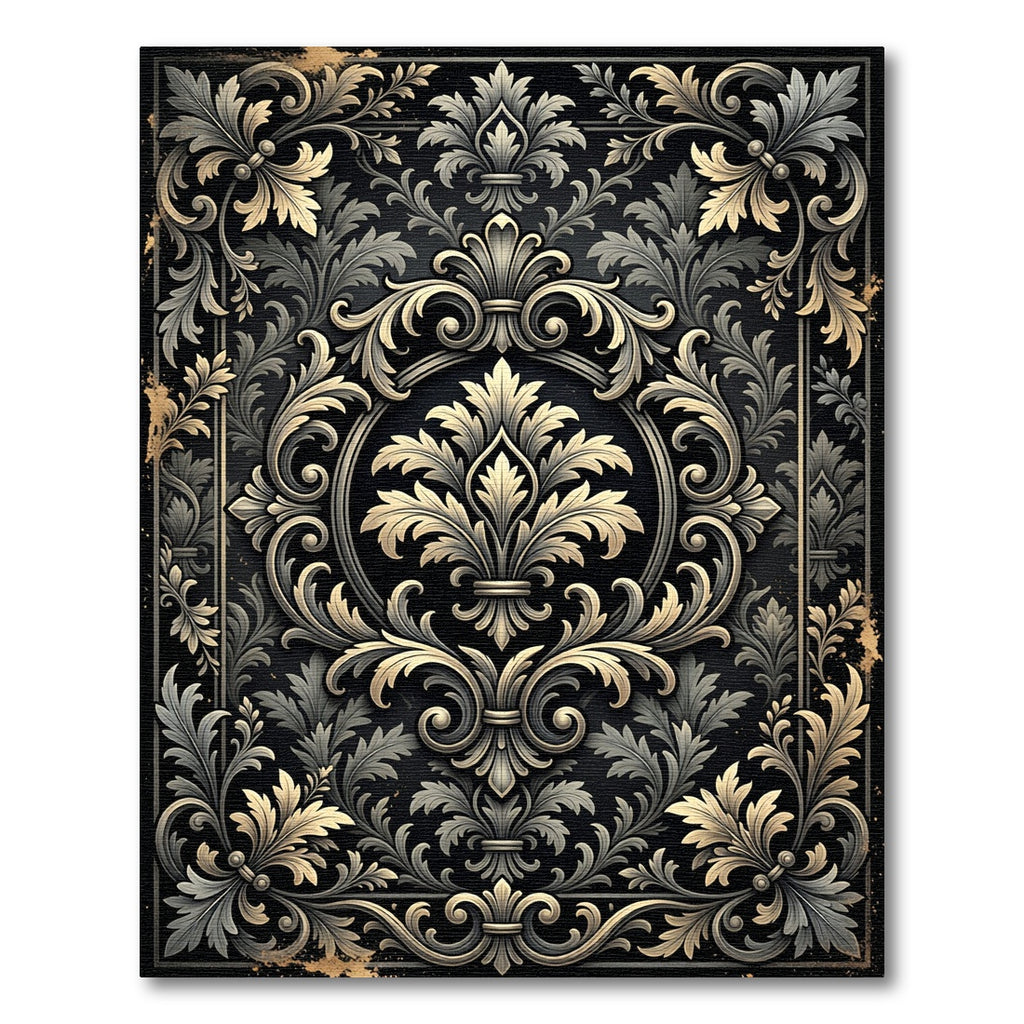 Ornate Gold Leaf Scrollwork Black Rug