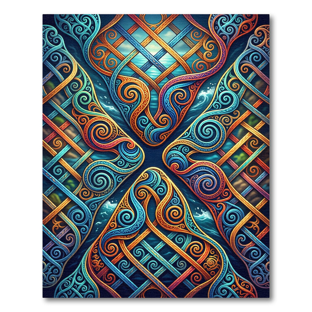Intricate Blue Orange Swirl Knotwork Rug