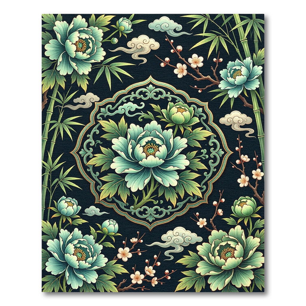 Elegant Teal Peony Bamboo Medallion Rug