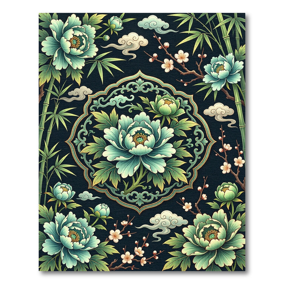 Elegant Teal Peony Bamboo Medallion Rug
