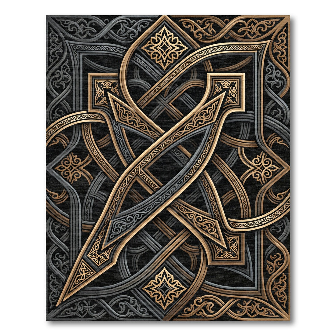 Ornate Gold and Charcoal Interlocking Scroll Rug