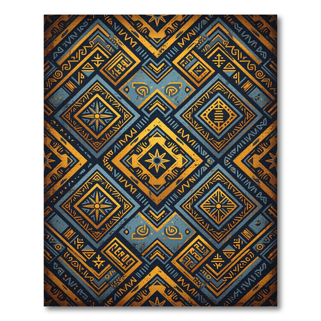 Gold Blue Ethnic Geometric Diamonds Rug