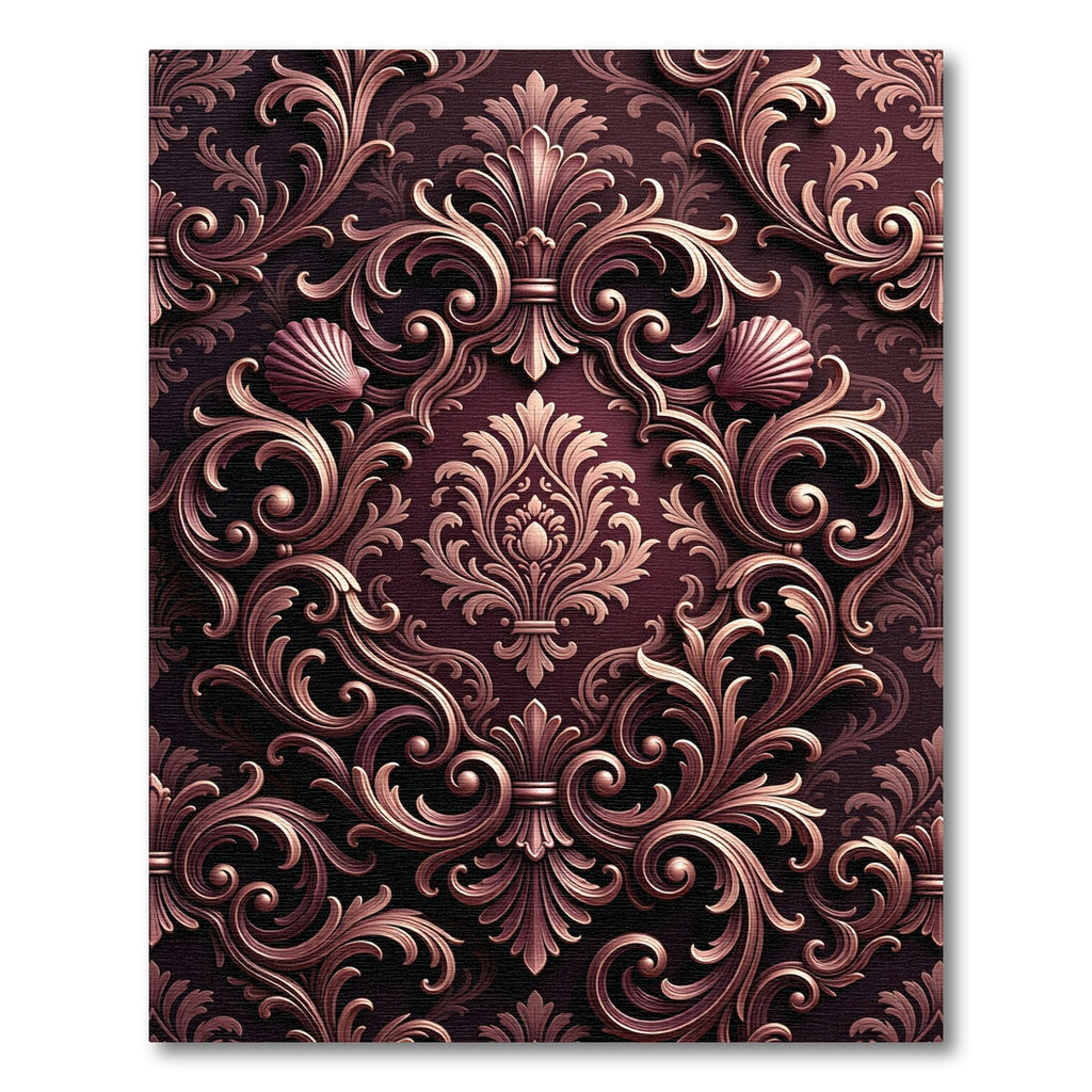 Ornate Damask Scroll Shell Burgundy Rug