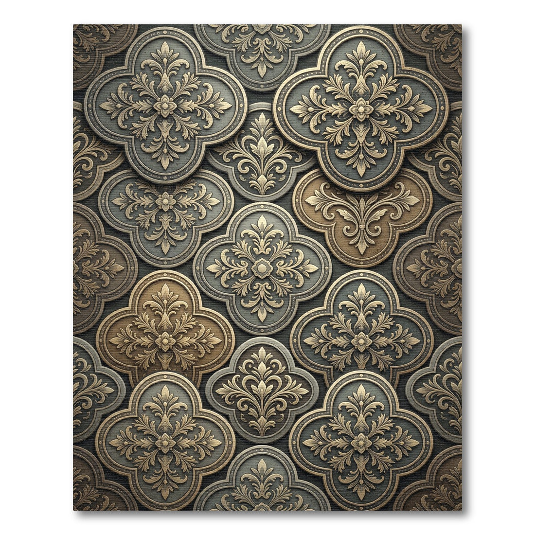 Ornate Gold Fleur-de-lis Slate Scrollwork Rug