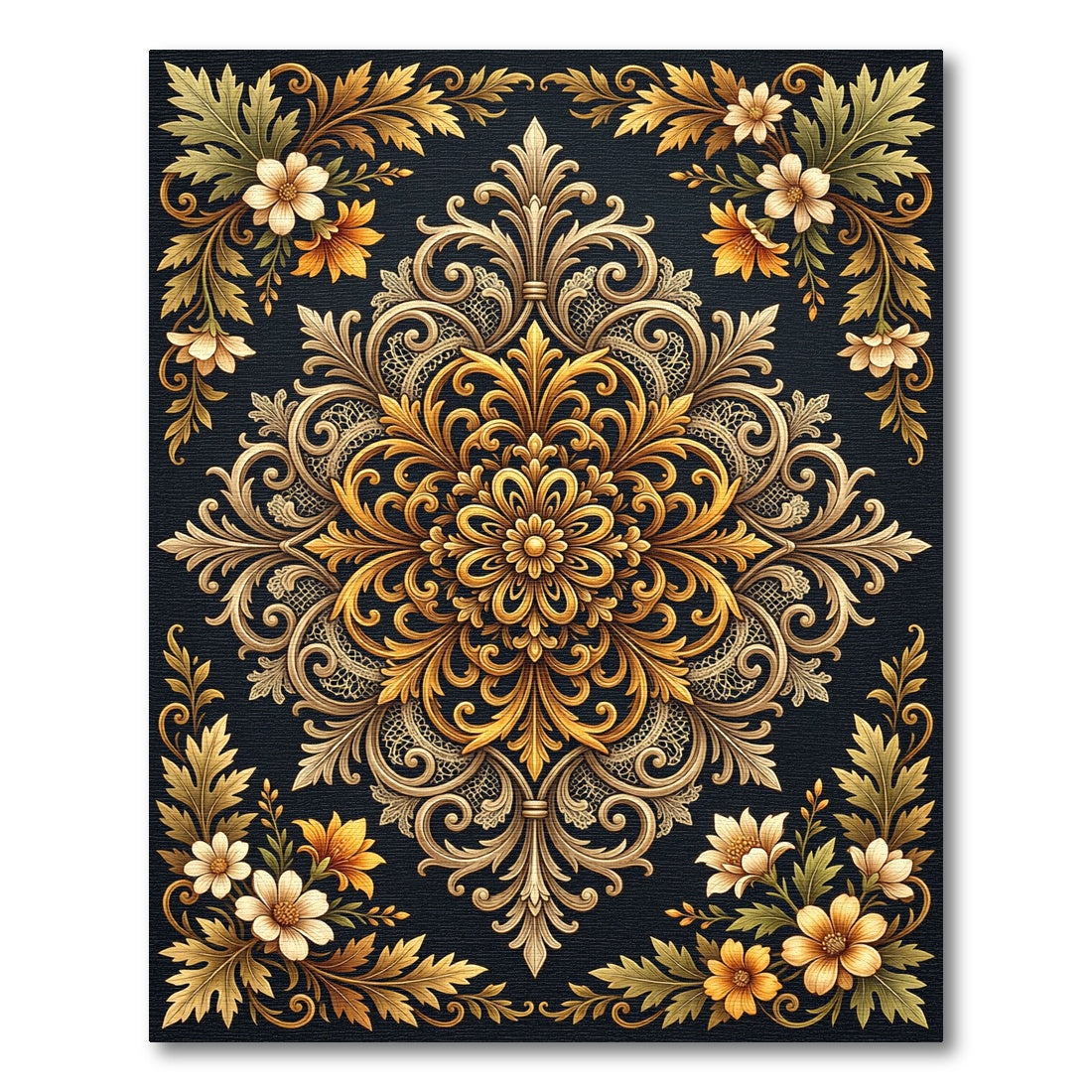 Opulent Gold Floral Baroque Medallion Rug