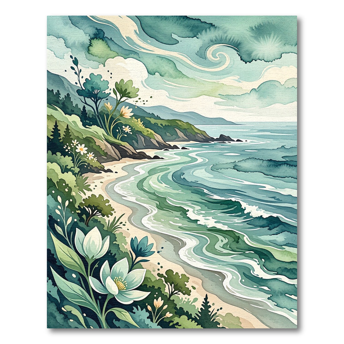 Watercolor Coastal Fern and Flower Landscape Rug