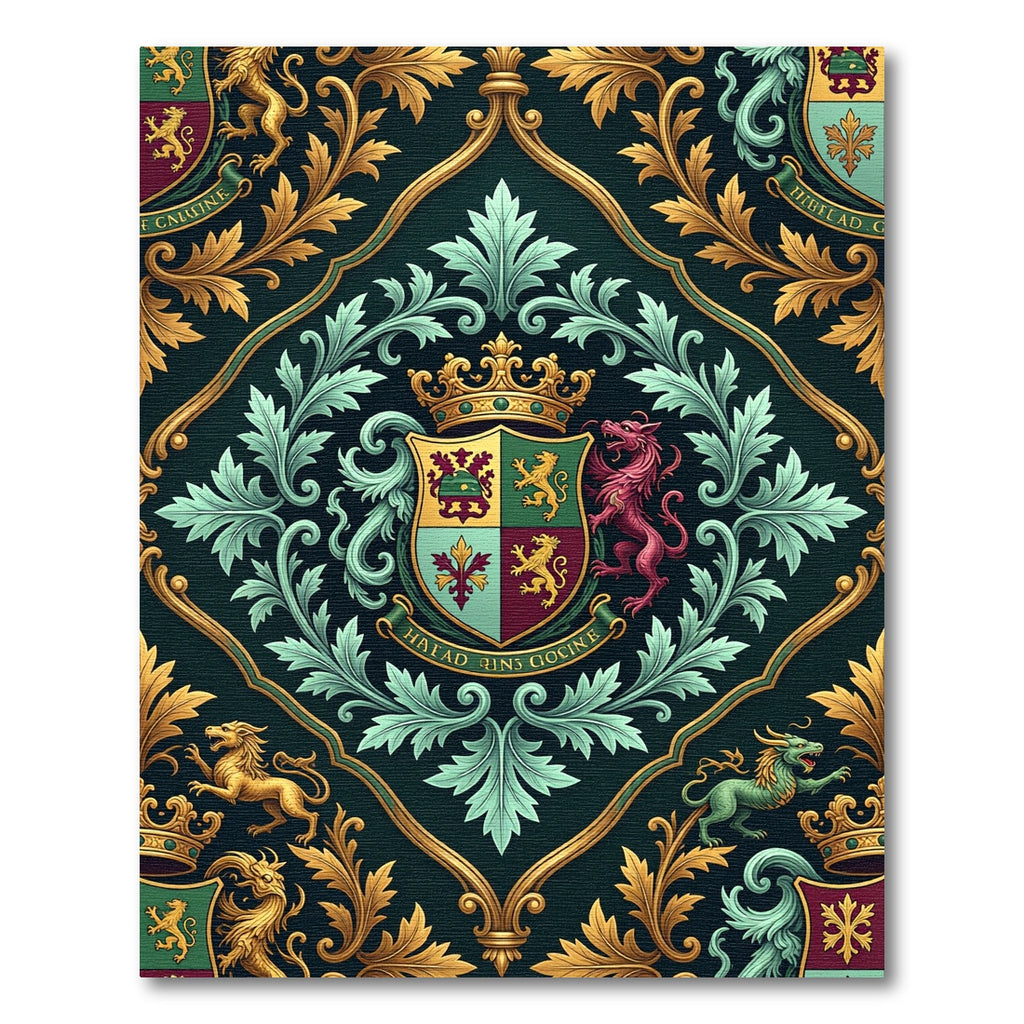 Royal Emerald Crest Gold Heraldic Damask Rug