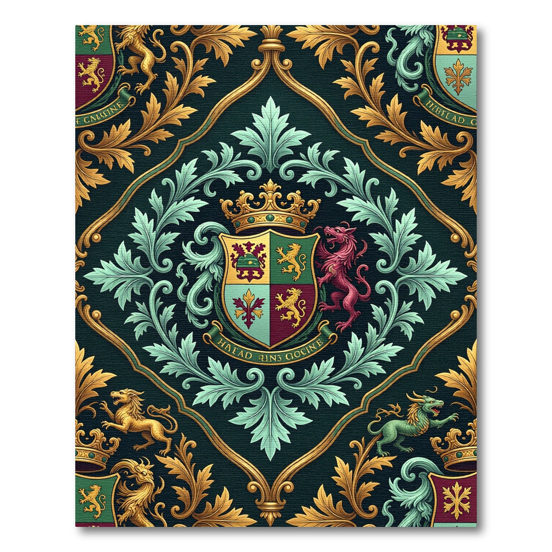Royal Emerald Crest Gold Heraldic Damask Rug