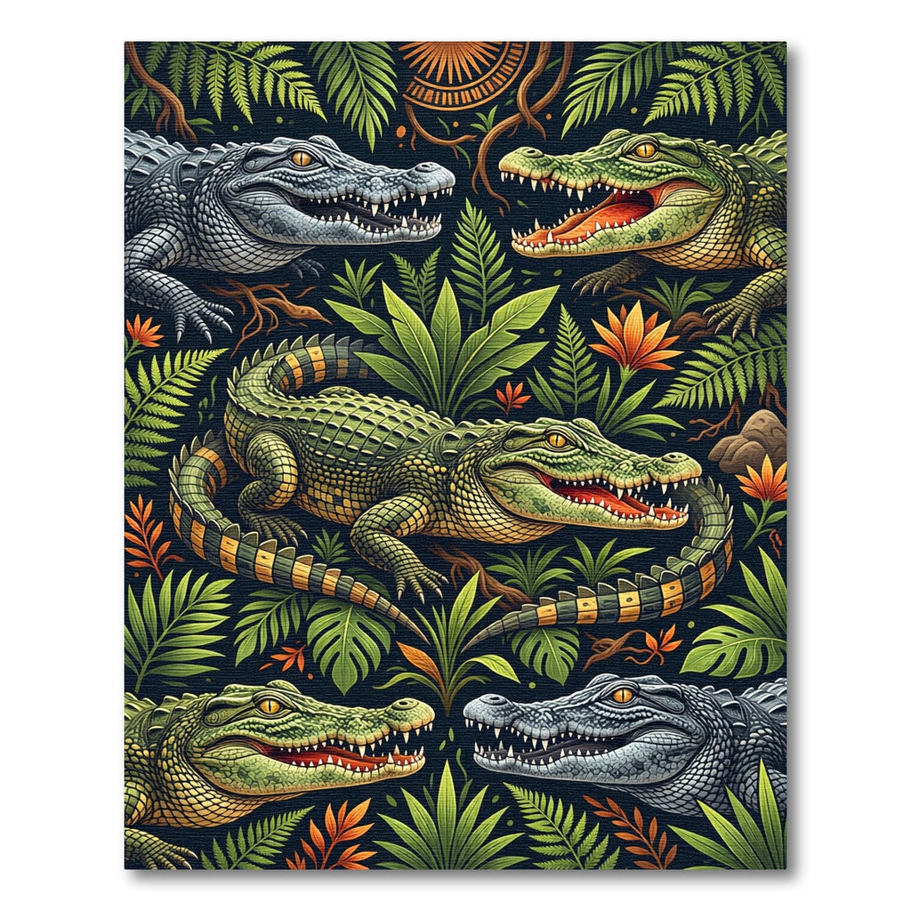 Vibrant Tropical Crocodile Foliage Jungle Art Rug