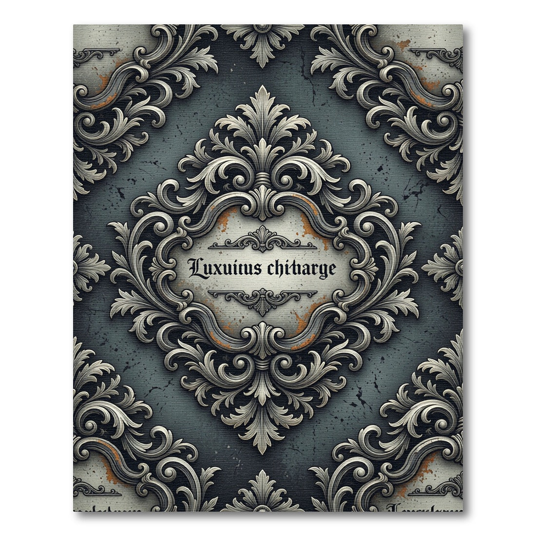 Ornate Silver Scrollwork Grey Damask Rug