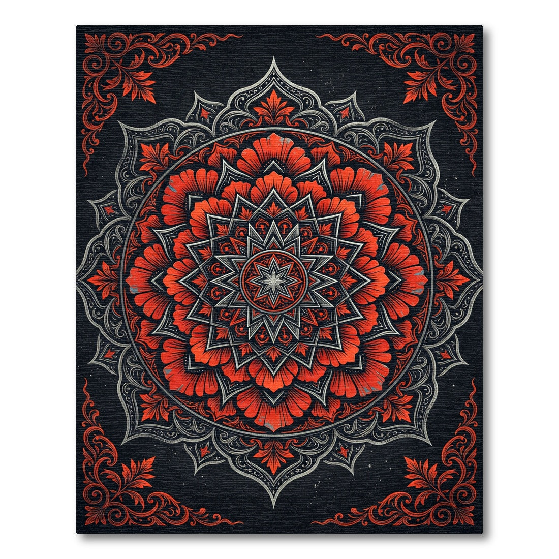 Crimson Botanical Mandalas on Charcoal Round Rug