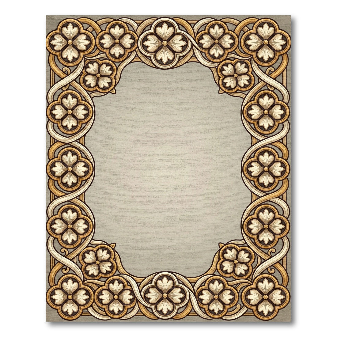 Golden Beige Quatrefoil Floral Border Rug