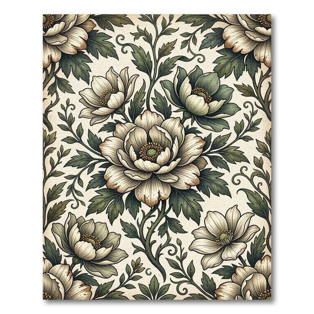 Vintage Sage and Cream Peony Illustration Rug