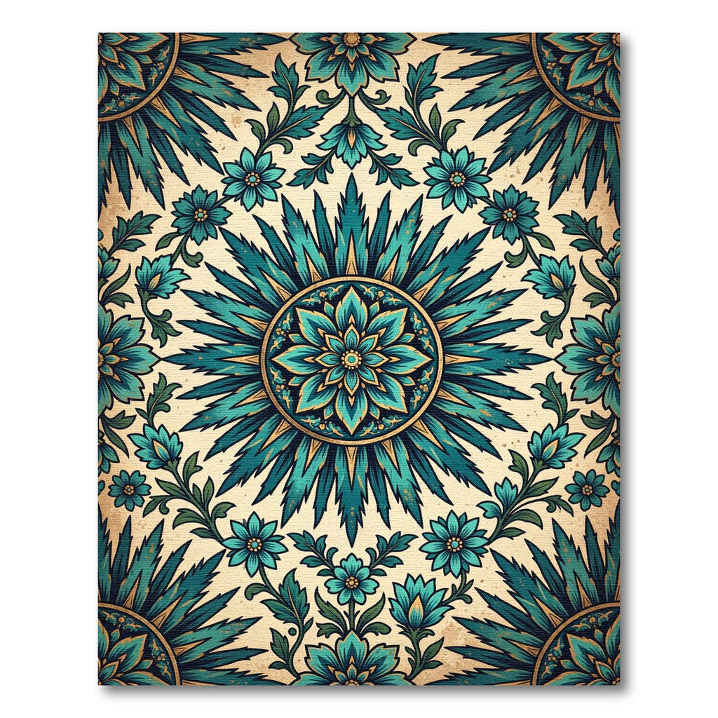 Emerald Teal Floral Medallion Sunburst Rug