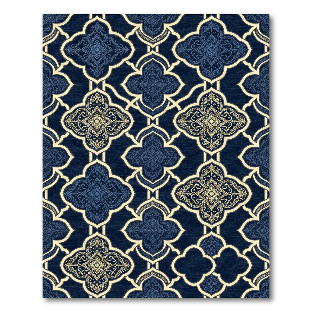 Elegant Navy and Gold Damask Lattice Rug