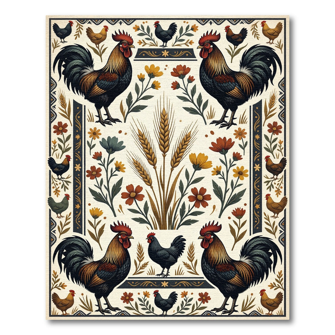 Rustic Farmhouse Rooster and Wheat Harvest Rug