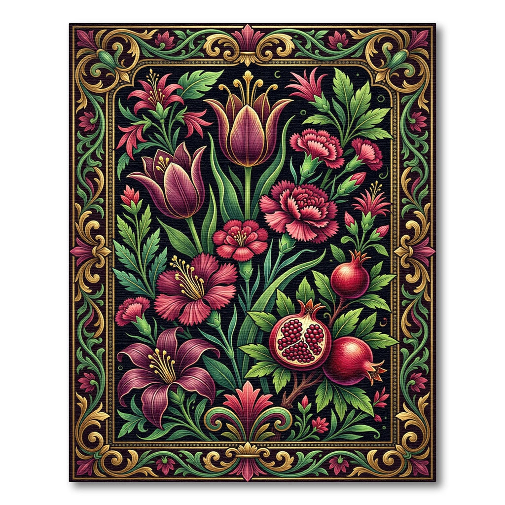Dark Floral Pomegranate Botanical Composed Illustration Rug