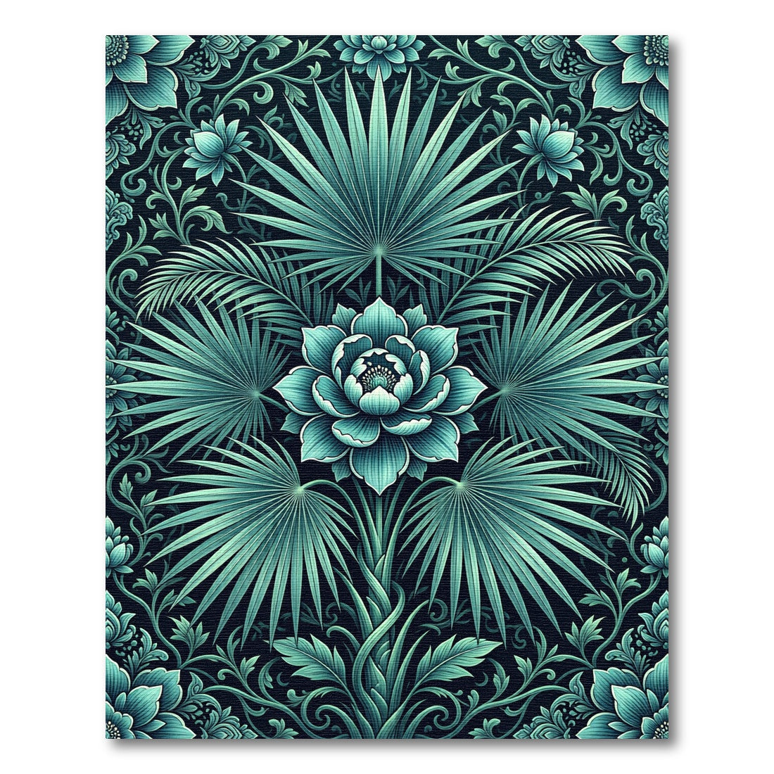 Teal Floral Palm Leaf Composition Rug
