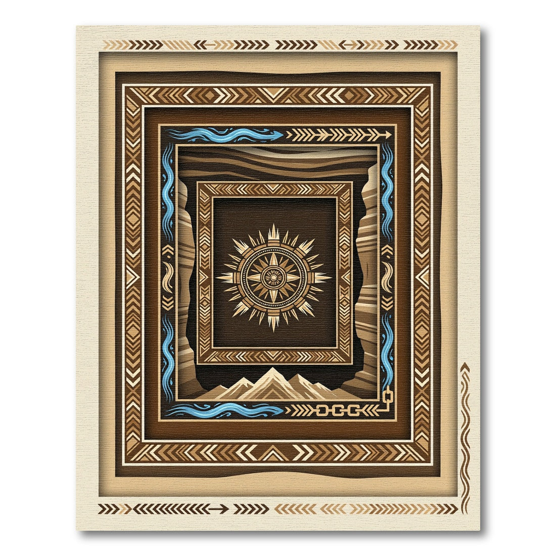 Earthy Geometric Compass Mountain Border Rug