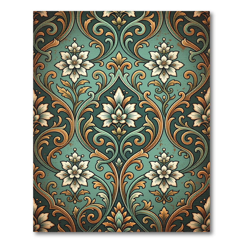 Ornate Damask Teal and Gold Floret Rug
