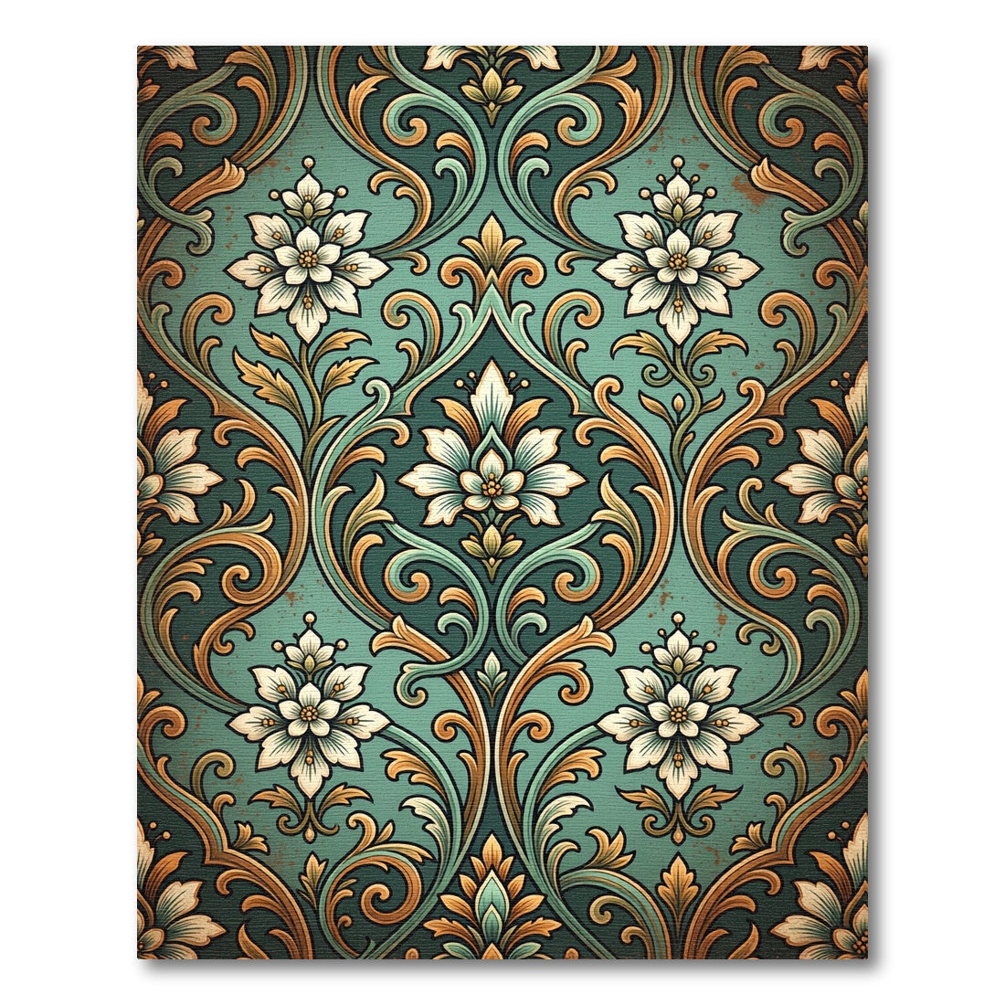 Ornate Damask Teal and Gold Floret Rug