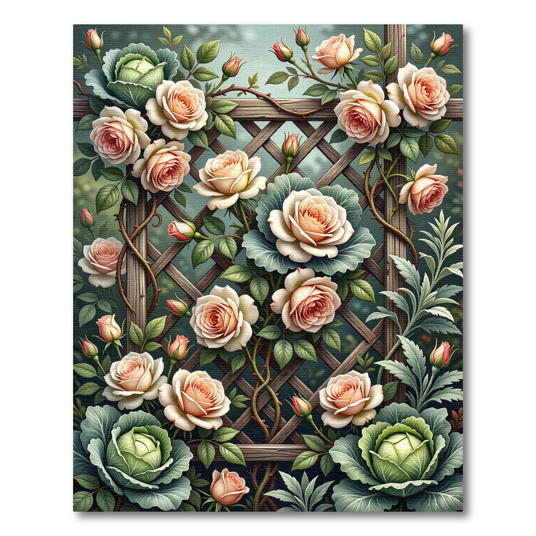 Romantic Peach Rose Cabbage Trellis Rug
