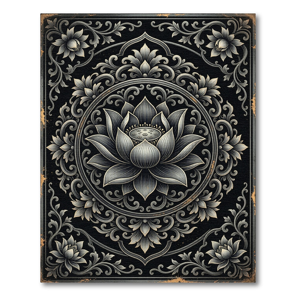 Elegant Silver Lotus Mandala Monochromatic Rug