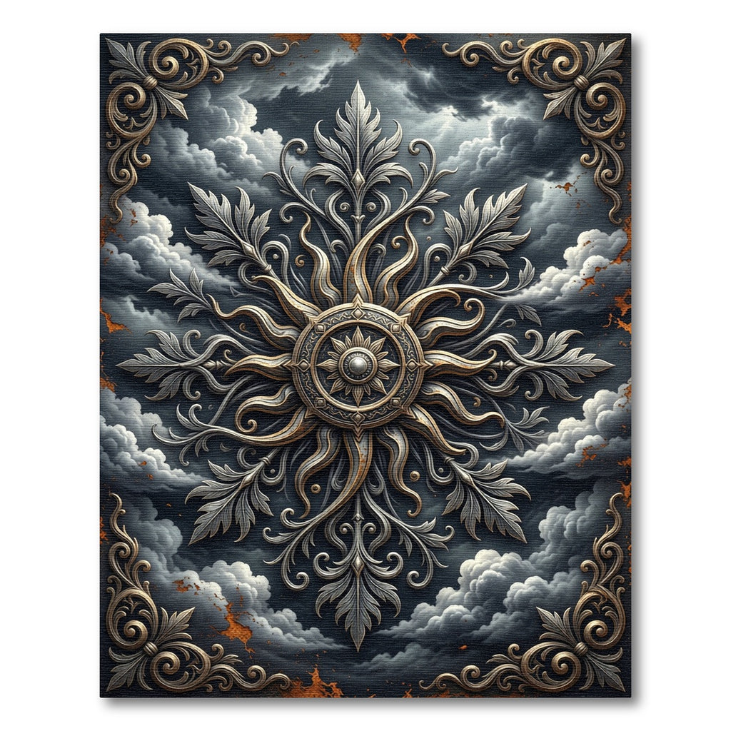 Celestial Silver Ornate Sunburst Floral Rug