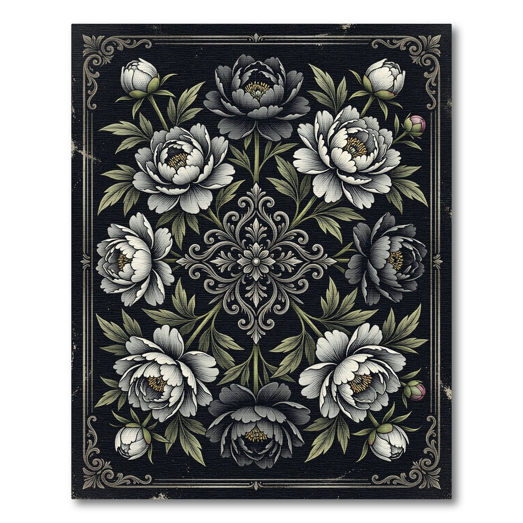 Monochromatic Peony Floral Damask Onyx Rug