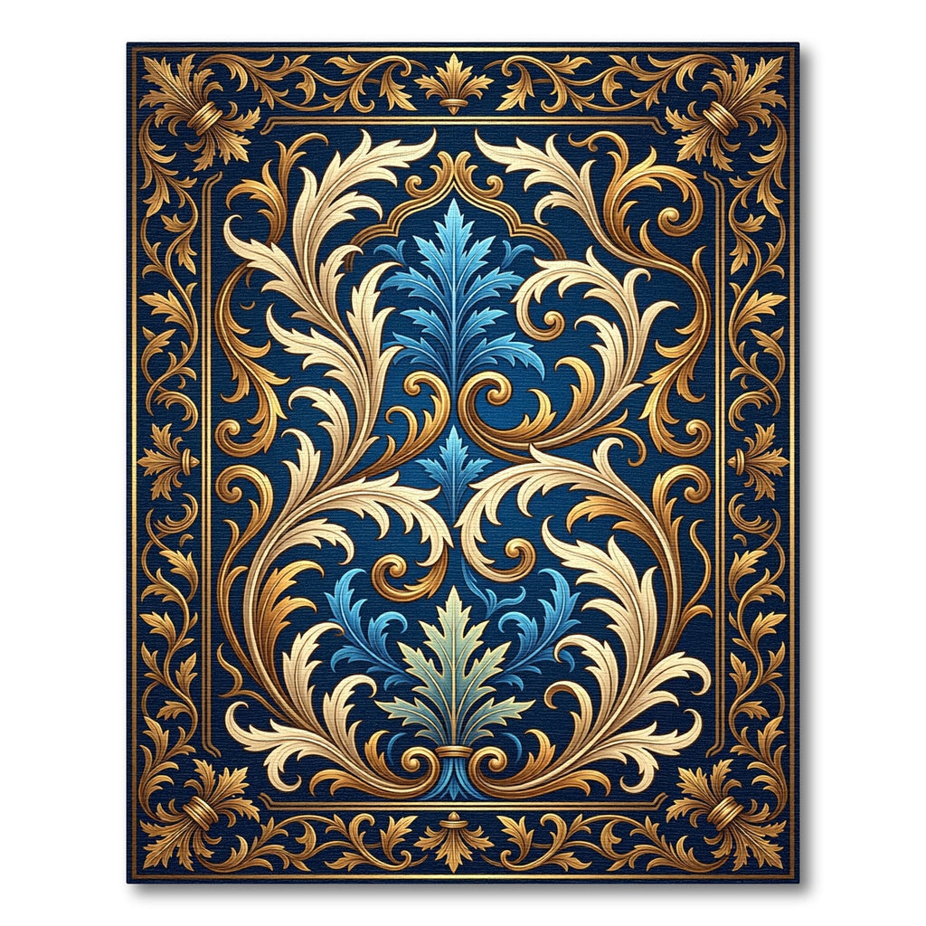 Royal Blue and Gold Scrolling Acanthus Rug