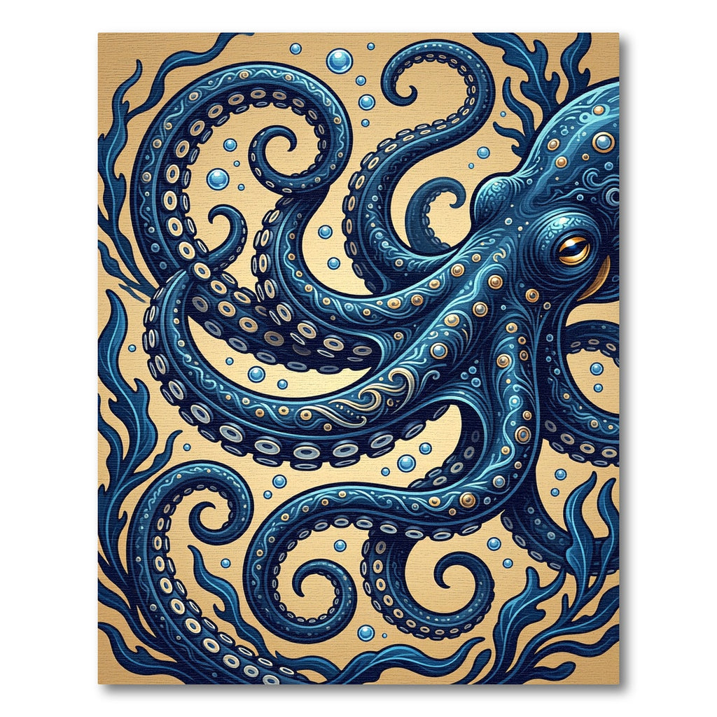 Intricate Navy Octopus with Golden Accents Rug