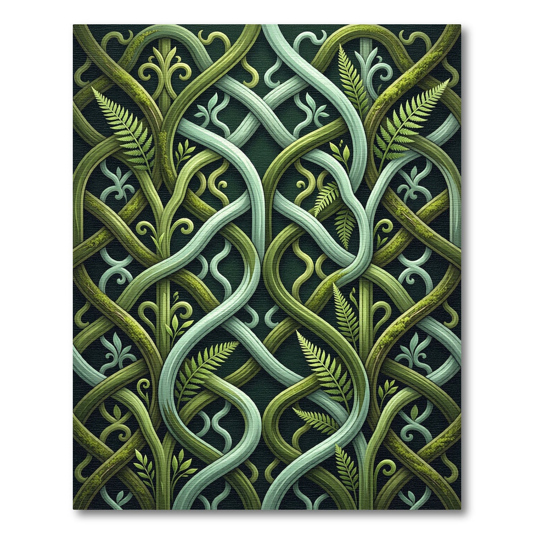 Lush Green Entwined Fern Forest Scroll Rug