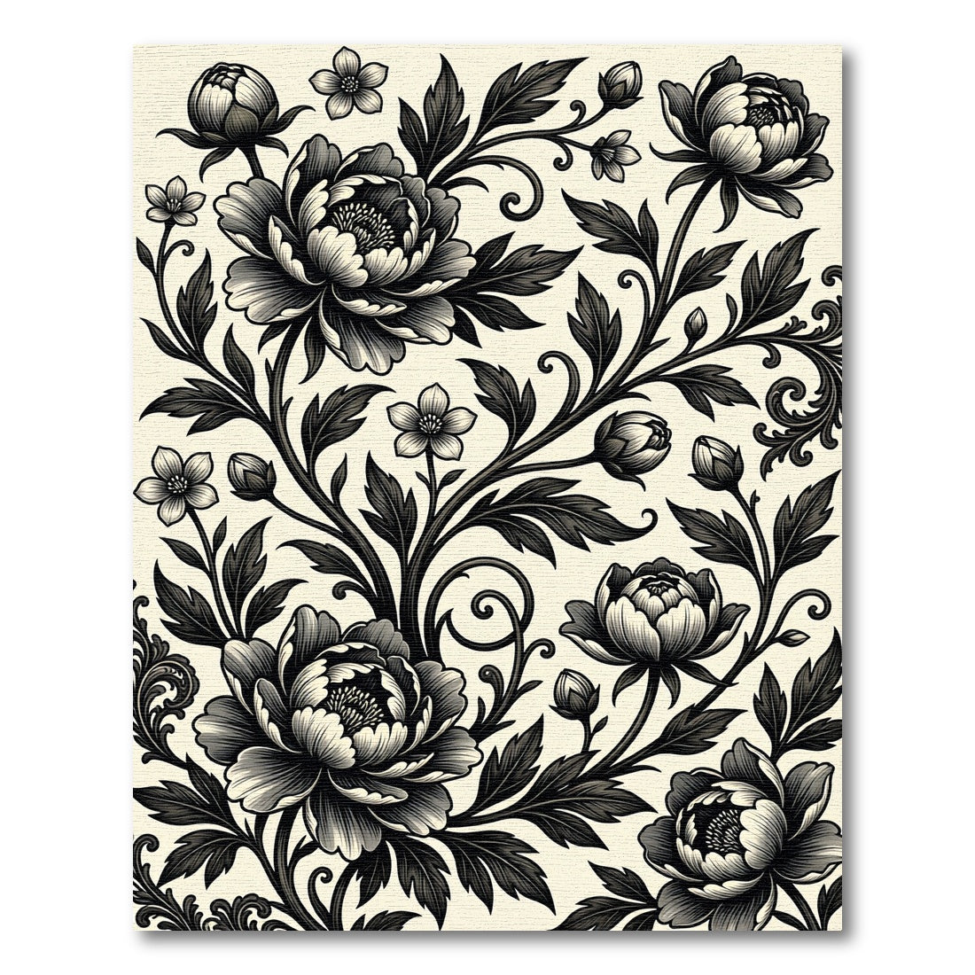 Monochrome Floral Peony Botanical Art Rug