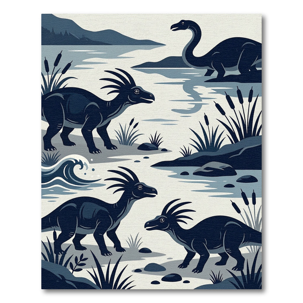 Minimalist Navy Dinosaur Landscape Scene Rug