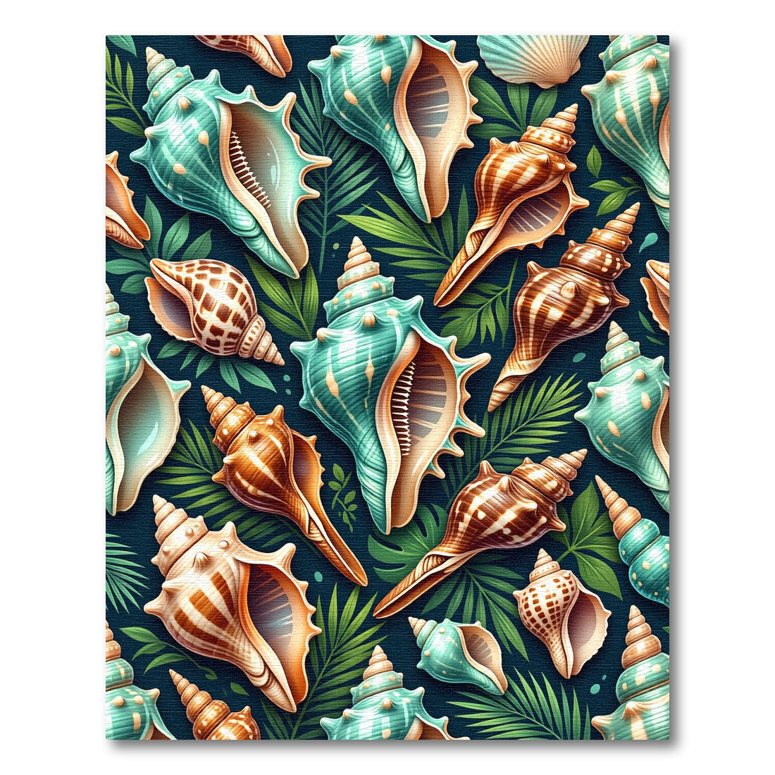 Tropical Teal Seashell and Leaf Illustration Rug