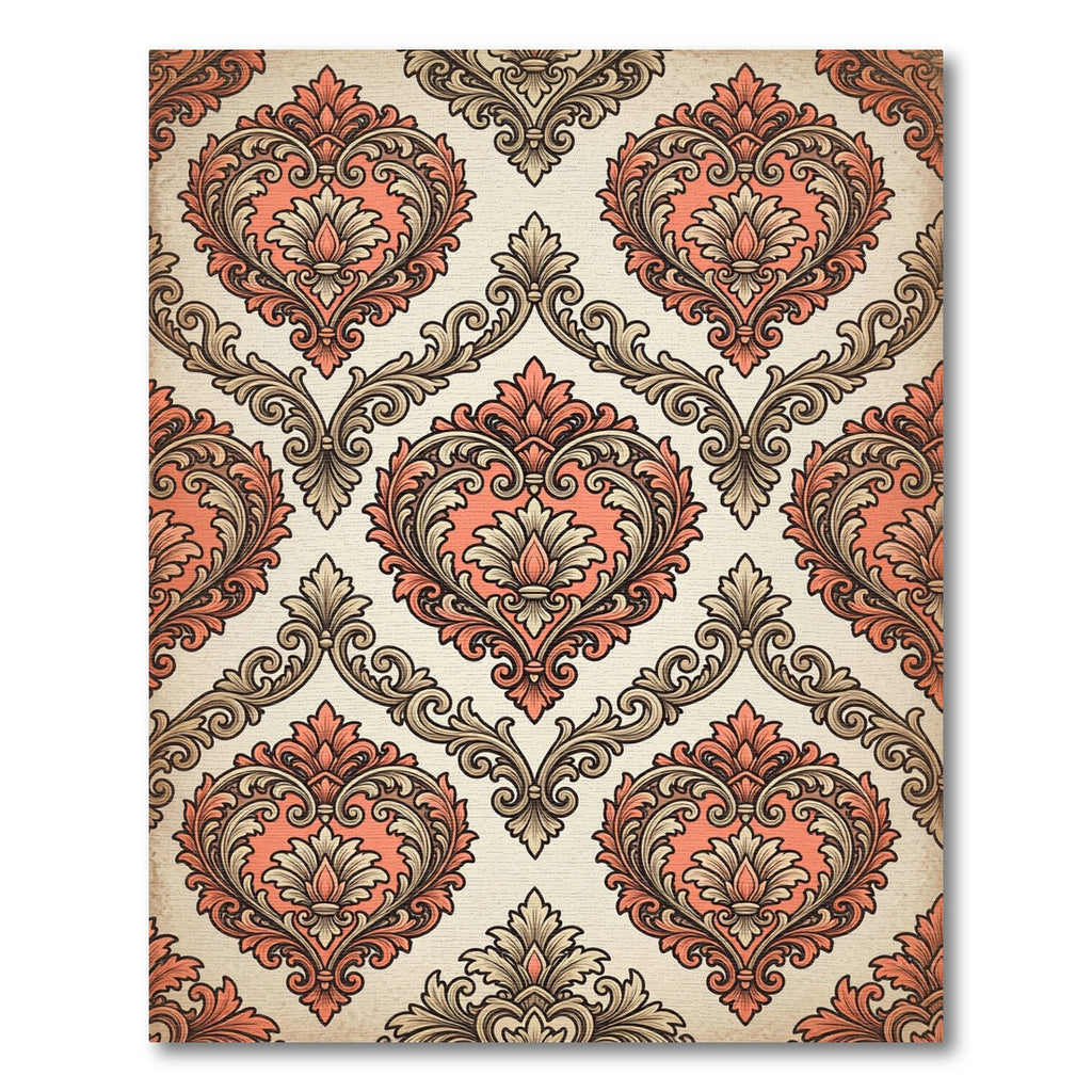 Coral and Taupe Ornate Damask Scroll Rug