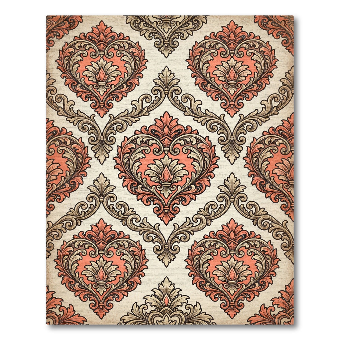 Coral and Taupe Ornate Damask Scroll Rug