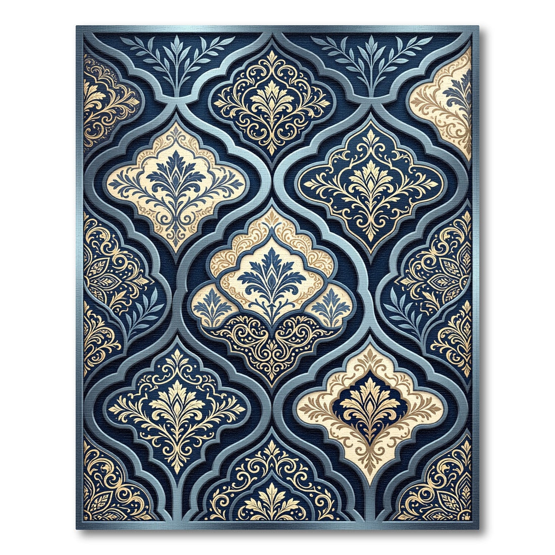 Elegant Navy Gold Damask Scroll Art Rug