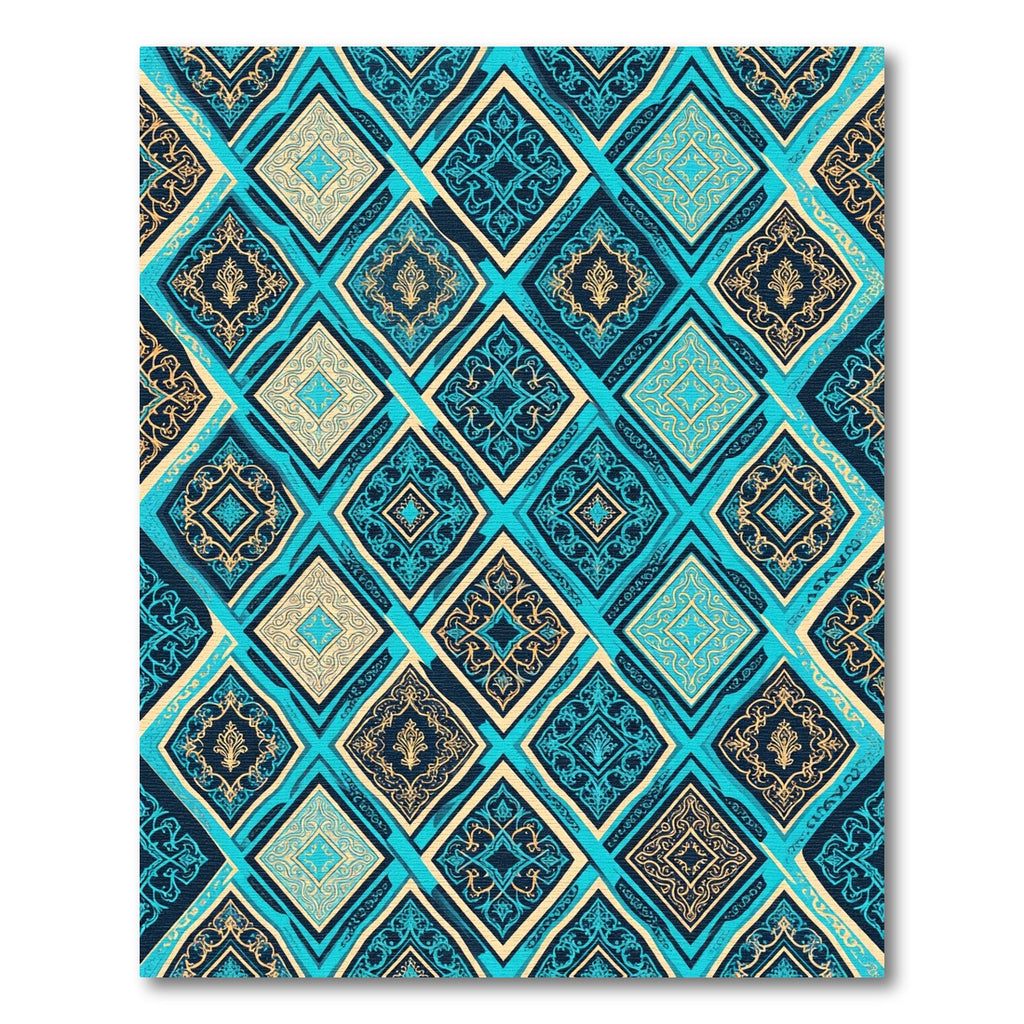 Geometric Blue and Gold Diamond Tile Rug