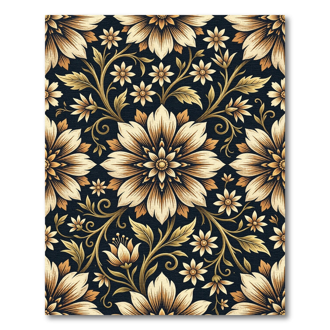 Golden Floral Scroll on Navy Rug
