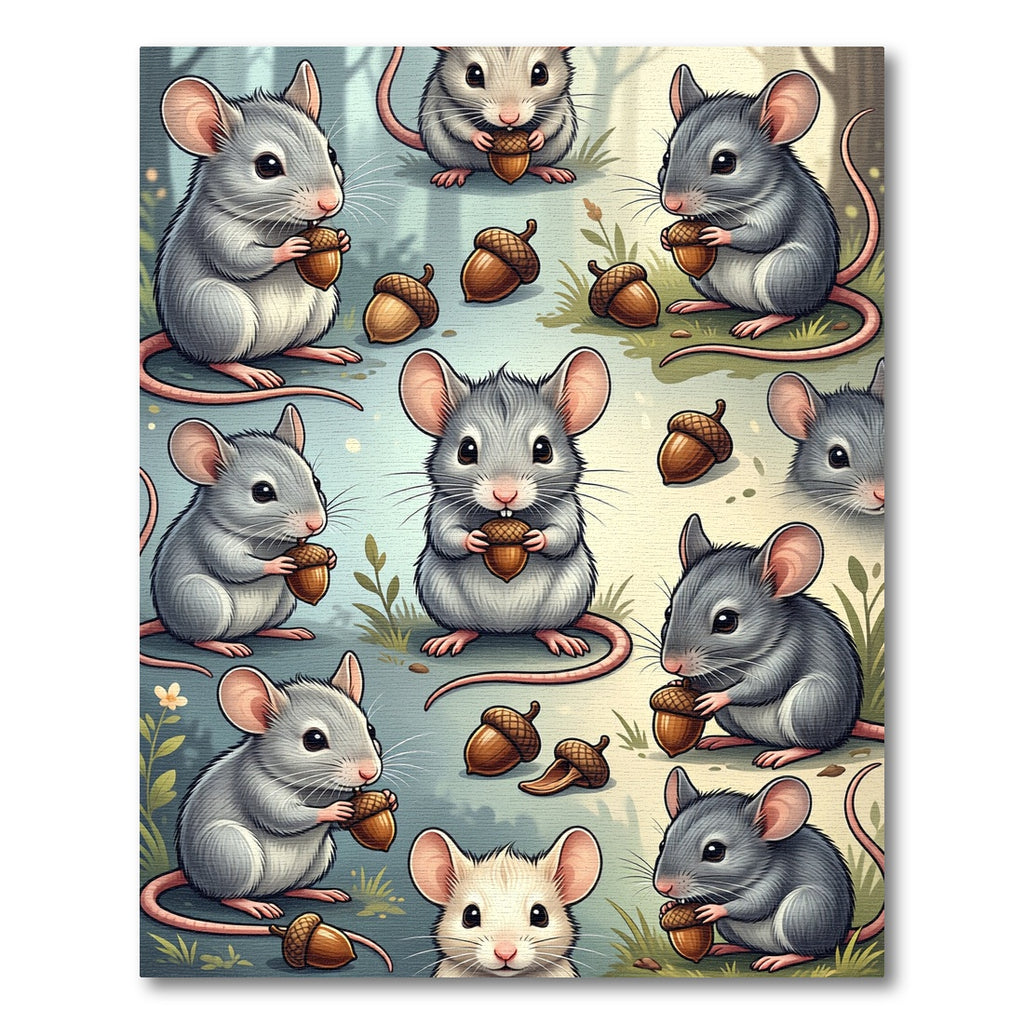 Whimsical Gray Mouse and Acorn Illustration Rug